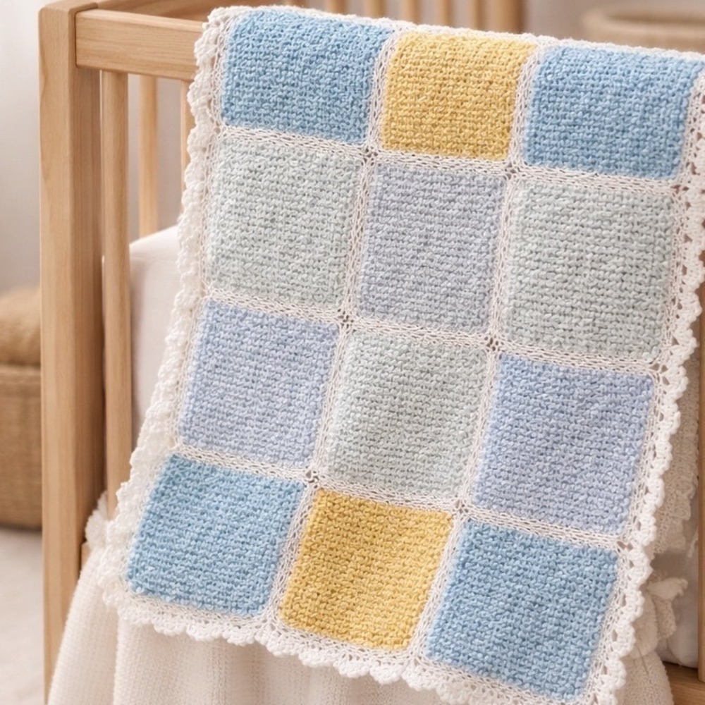 Handmade Knit Patchwork Baby Blanket Pastel Grandma Square Crochet Lace Trim